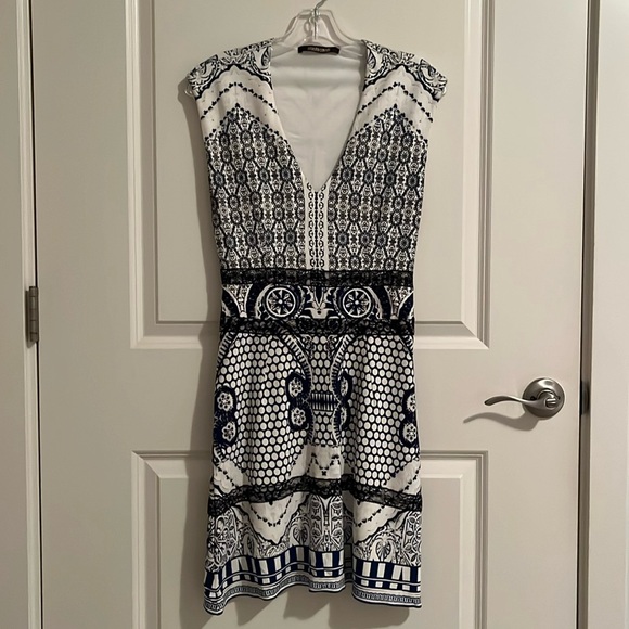 Roberto Cavalli Blue White Print V-Neck Dress with Black Lace Trims